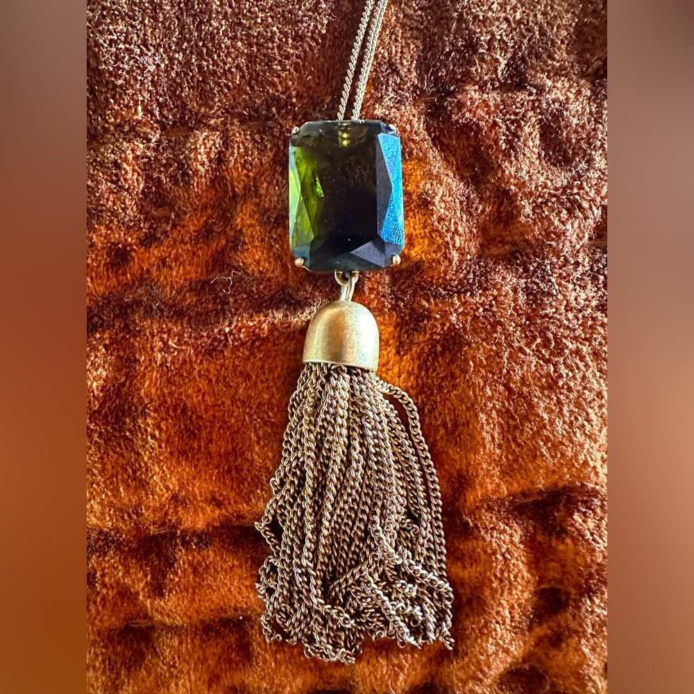 JCrew Green Stone and Tassel Long Nexklace